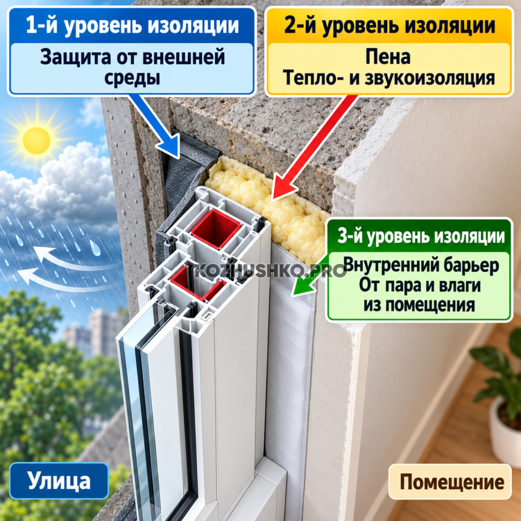 Схема монтажного шва пластикового окна: наружный, центральный и внутренний слои